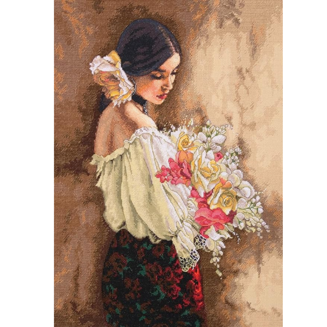 35274 Woman With Bouquet siuvinejimo kryzeliu rinkinys siuvinetas pavaikslas siulu dama
