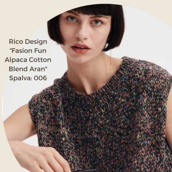 Rico Design Fashion Fun Alpaca 4 - Siulų dama - siūlai mezgėjoms megzti kojines megztinius šalikus šalikas megztinis siūlų parduotuvė pigiausi siūlai geriausi pasiūlymai nemokama registracija - Siūlų Dama Siūlų pasaulis https://siuludama.lt Rico Design (Vokietija) <strong>Sudėtis</strong>: 36 % alpaka, 29 % poliamidas, 25 % medvilnė, 10 % poliesteris <strong>Svoris/ilgis</strong>: 50 g apie 120 m <strong>Rekomenduojamas virbalų dydis</strong>: 6.00 mm <strong>Mezginio tankumas</strong>: 10 cm x 10 cm - 17 akys x 24 eilės <strong>Priežiūra</strong>:  skalbti rankomis RIC-funalpaca