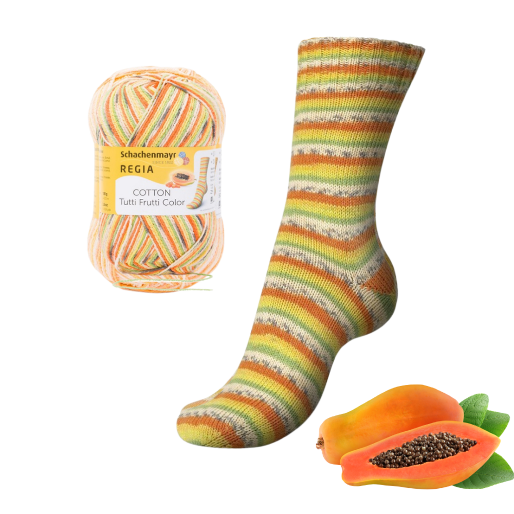 Papaja Regia Tutti Fruti siuludama siulai kojinems kojininiai siulai margi siulai ploni siulai stori siulai mezgimo siulai mezgimui tuti fruti regia siulai