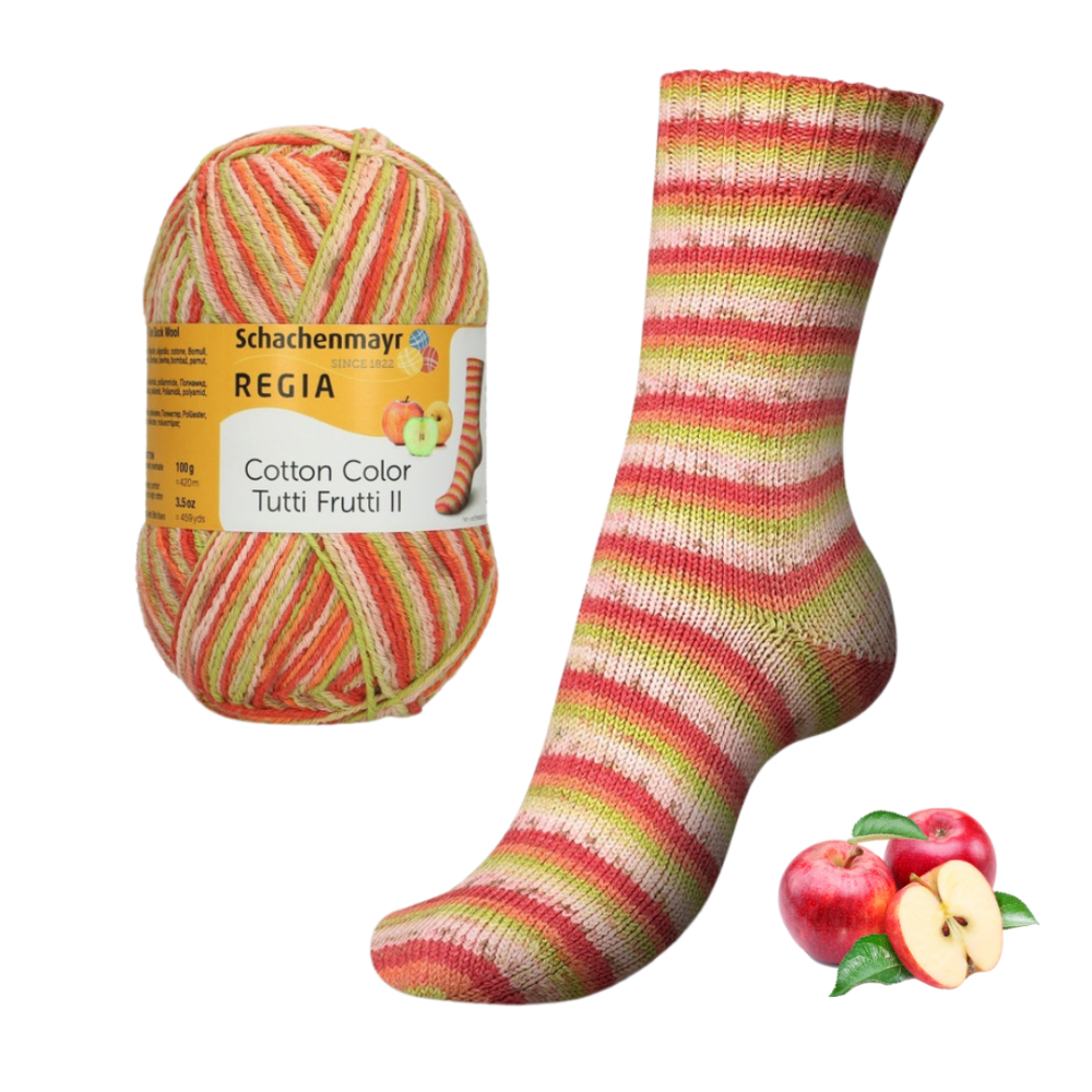 obuolys 02426 Regia Tutti Fruti siuludama siulai kojinems kojininiai siulai margi siulai ploni siulai stori siulai mezgimo siulai mezgimui tuti fruti regia siulai
