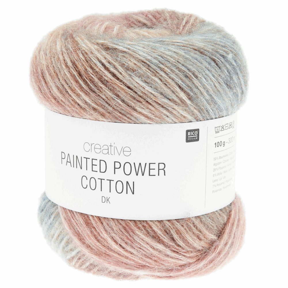 006 RICO Painted Power Cotton 59 % medvilnė, 26 % akrilas, 8 % vilna, 7 % poliamidas mezgimo siulai spalvoti siulai margi siulai vasaros siulai siulai megztukams bliuskutems salikams siulai vaikams siulai suaugusiems siulu dama